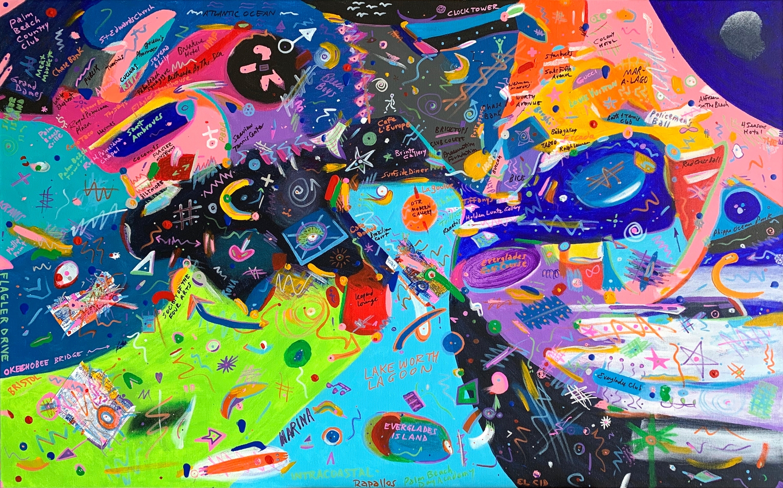 Ron Burkhardt, Palm Beach Pandemonium, 2020, Acrylic, Collage, Ink and Oil on canvas, 30 x 48 inches, Notism art for sale