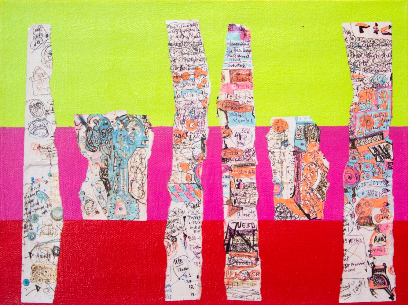 Ron Burkhardt, NOTISM- "Spires" 2013. Acrylics, Pen and Ink on Paper Collaged on Canvas, 12 x 16 inches