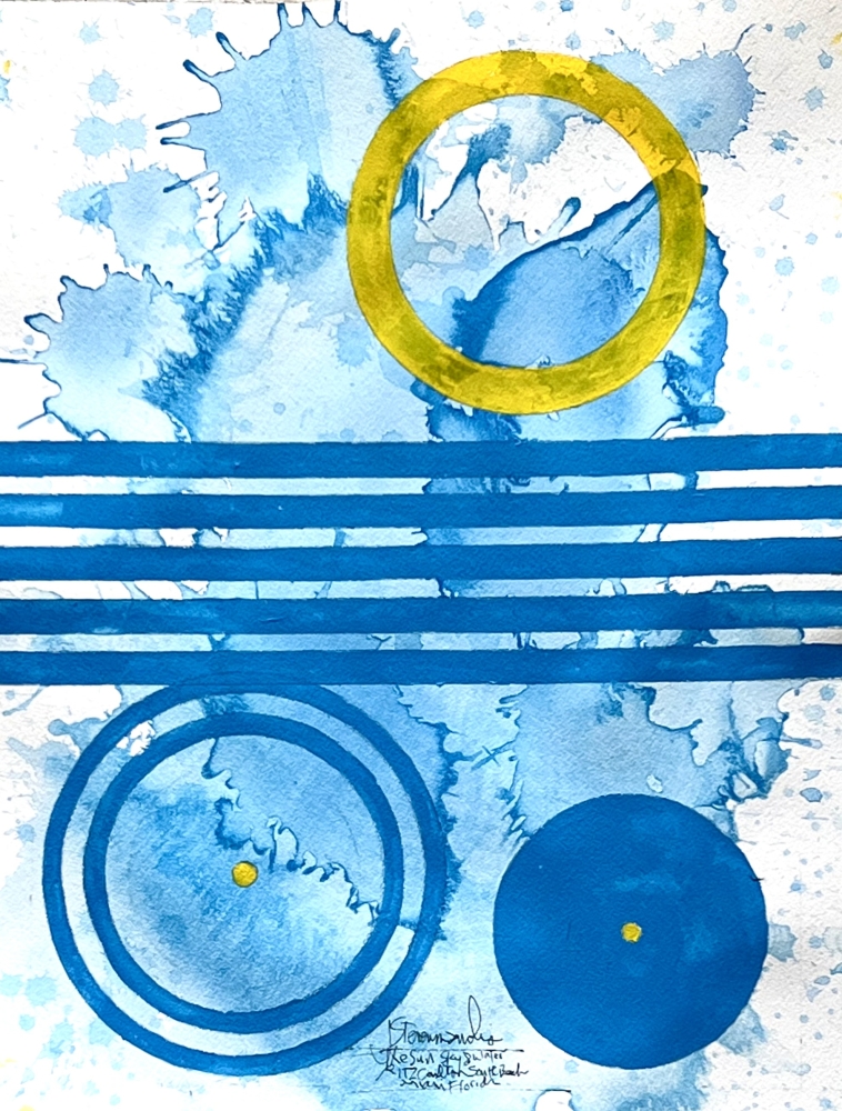 J. Steven Manolis' blue and yellow Abstract painting " Sun, Water, Sky V," 2022, Watercolor and vitreous acrylic on paper on display and available at the Ritz Carlton Miami Beach