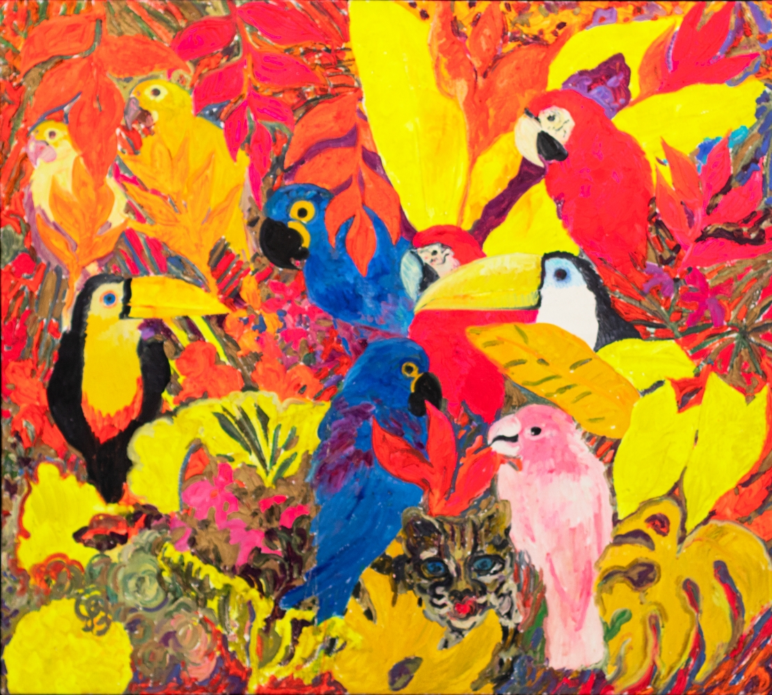 Hunt Slonem, Parrots, 1988, Oil painting on canvas, 66 x 44 inches, Hunt Slonem art for sale, Hunt Slonem bird paintings