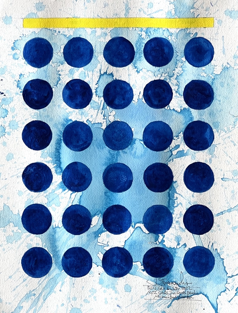 J. Steven Manolis' blue and yellow Abstract painting " Sun, Water, Sky VII," 2022, Watercolor and vitreous acrylic on paper on display and available at the Ritz Carlton Miami Beach