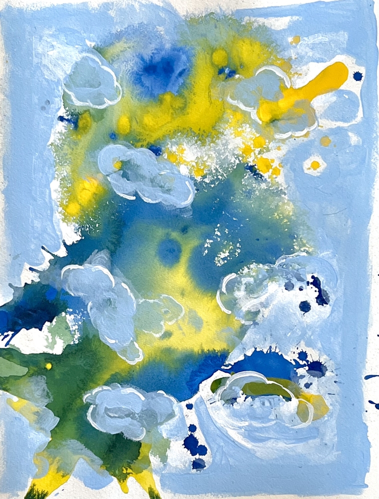 Camilla Webster’s Blue and Yellow Abstract Painting, “Skies Over Miami 1,” 2022, Watercolor and acrlyic painting on paper, 16 x 12 inches, on display and available at the Ritz Carlton South Beach