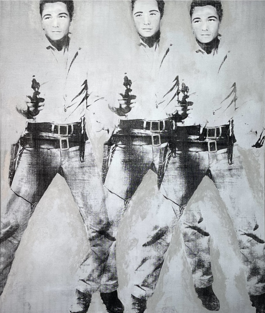 Bruce Helander, Triple Elvis (Self-Portrait), 2019  Acrylic on Canvas with Printed Background, 59 x 55 inches, Bruce Helander art for sale