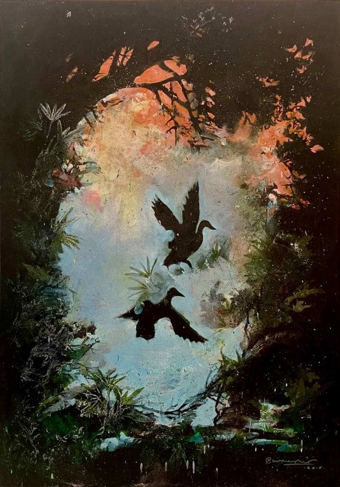 Bruce Helander, Nevermore, 2015, Acrylic embellished with glitter on Canvas with Printed Background, 58 x 40.5 inches, bruce helander art for sale
