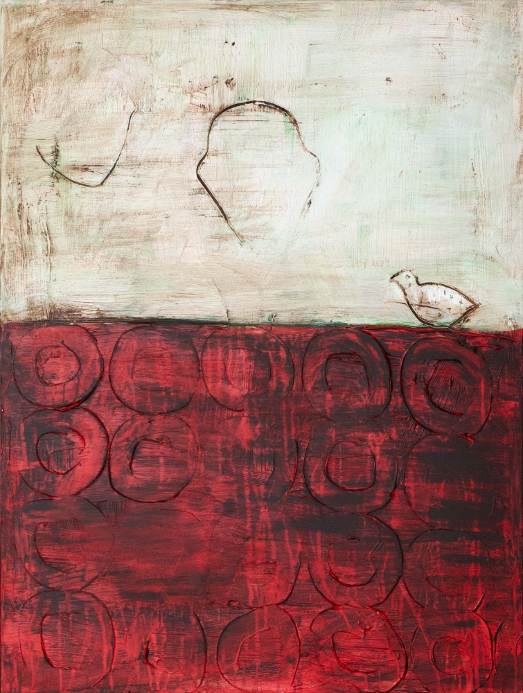 Connie Lloveras, Face Silhouettes, Bird & Red Circles, 2022, Mixed media on canvas, 40 x 30 inches