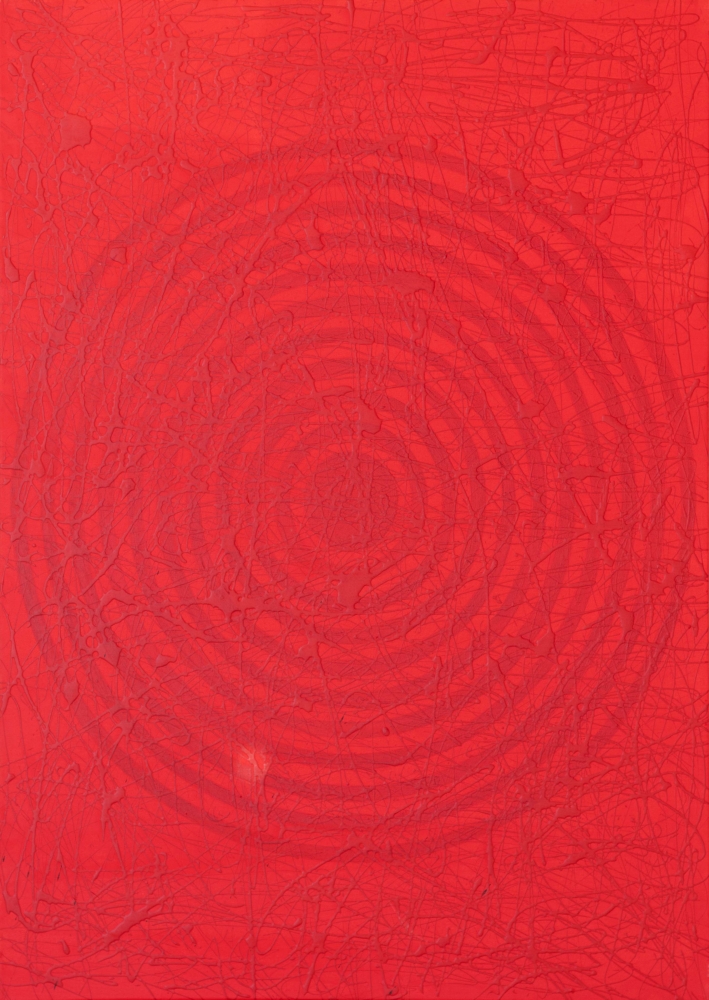 J. Steven Manolis, Red on Red Concentric, 2022, Acrylic and Latex enamel on canvas, 40 x 30 inches