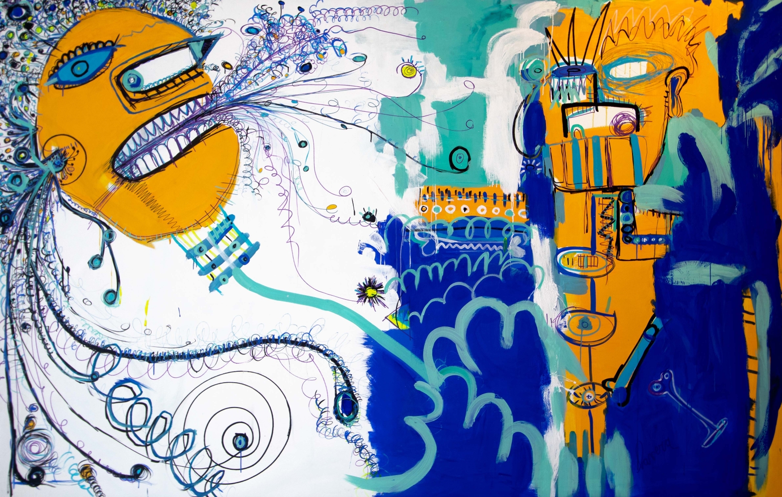 Argentinian artist Fernanda Lavera, Dimelo, 2019, Acrylic, Oil, Marker and Crayon on canvas, 79 x 126 inches, graffiti and street art at manolis projects gallery, Miami.