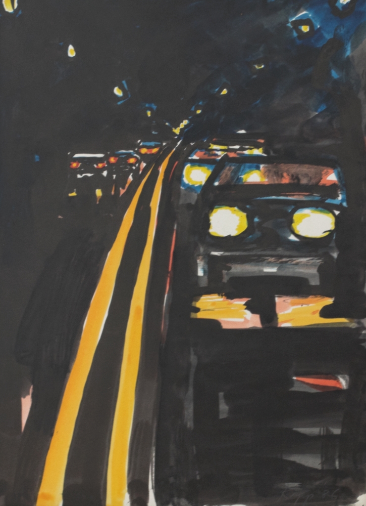 David Kapp, Cars at Night, 1986, Watercolor, 12x9 inches