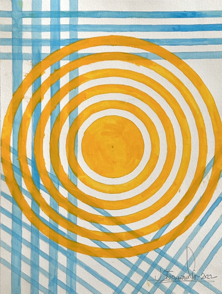 J. Steven Manolis' blue and yellow Abstract painting " Sun, Water, Sky II," 2022, Watercolor and vitreous acrylic on paper on display and available at the Ritz Carlton Miami Beach