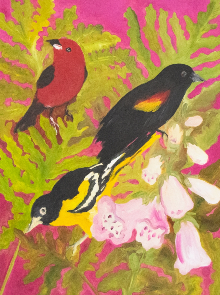 Hunt Slonem, Red Tanagers, 1982, Oil painting on paper, 23.5 x 17 inches, Hunt Slonem art for sale, Hunt Slonem bird paintings