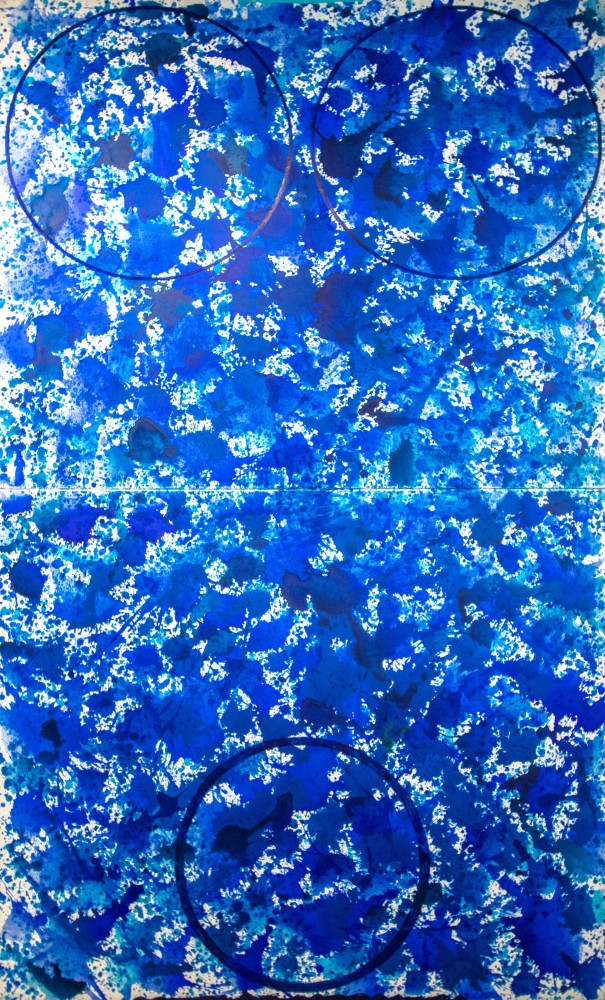 J. Steven Manolis’s Extra large blue abstract wall art painting, “Splash 72.120.01,” 2020, acrylic on canvas, 72 x 120 inches, abstract expressionism art for sale at Manolis projects Miami, Fl
