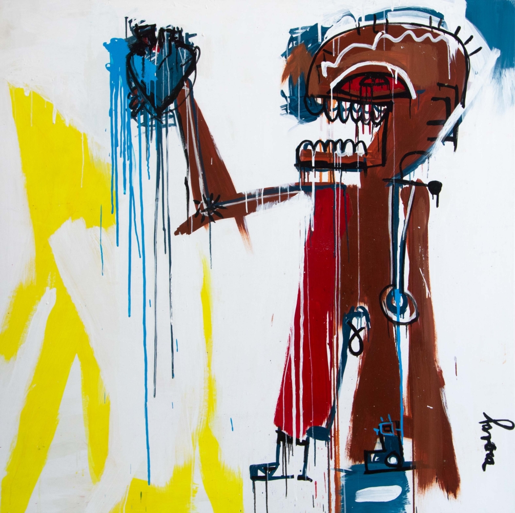 Argentinian artist Fernanda Lavera, Corazon Metalico 1, 2019, Acrylic on canvas, 63 x 63 inches, graffiti and street art at manolis projects