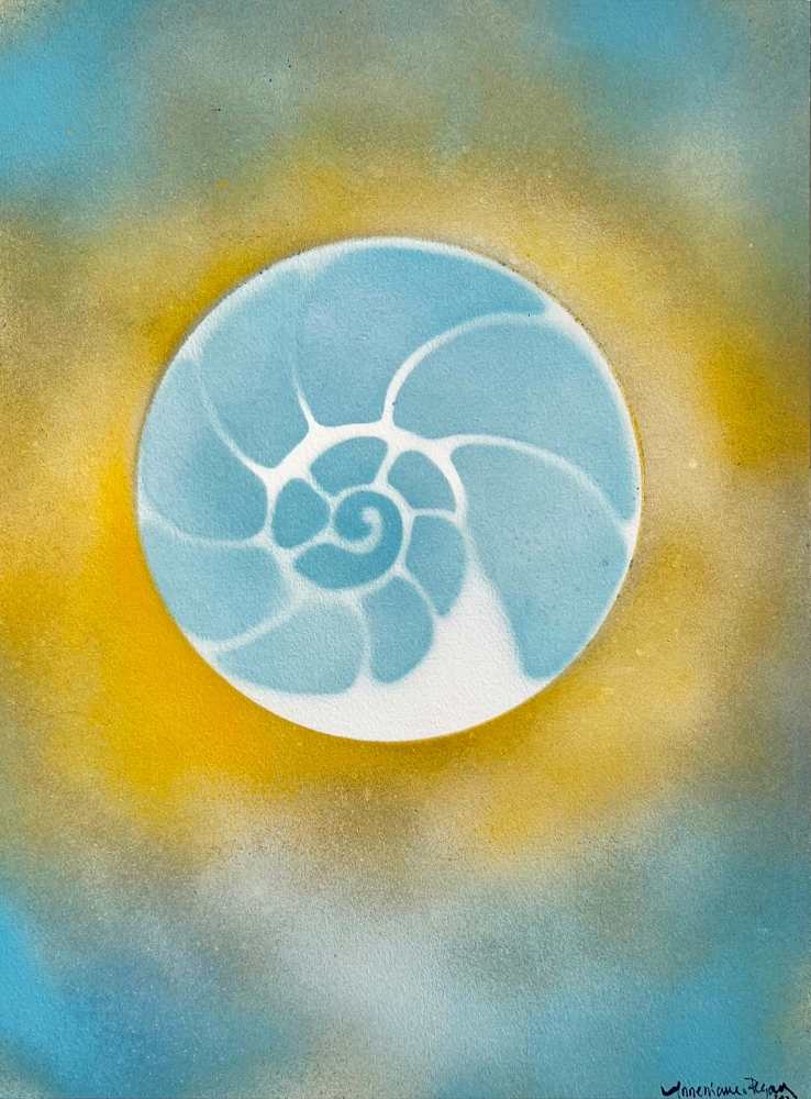 Annemarie Ryan’s Blue & Yellow Abstract painting Sun-Water-Sky 3, 2022, Watercolor & Vitreous Acrylic on paper, 16 x 12 inches, on display and available at the Ritz Carlton Miami Beach