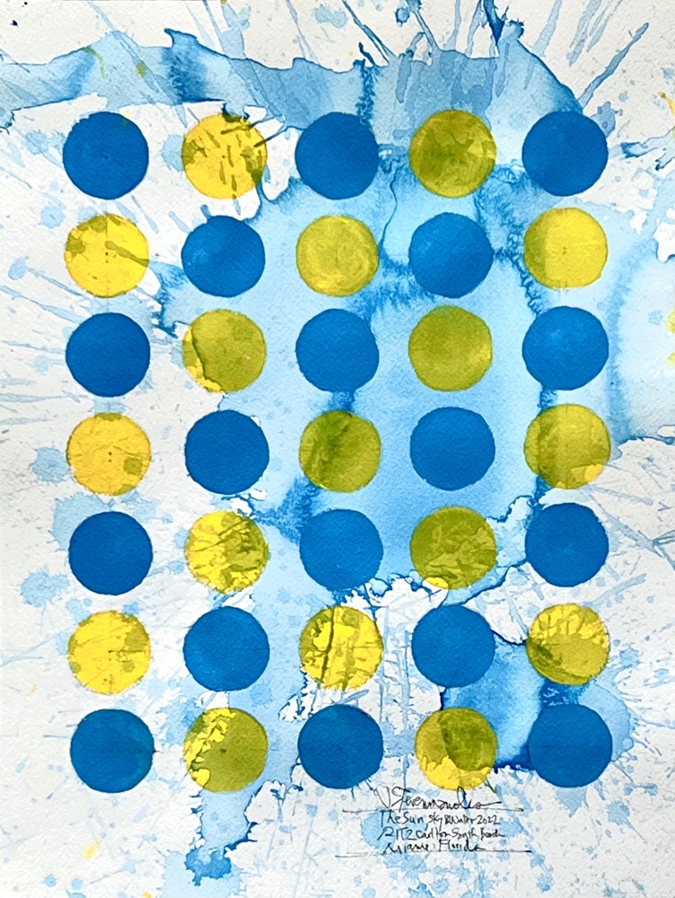J. Steven Manolis' blue and yellow Abstract painting " Sun, Water, Sky IV," 2022, Watercolor and vitreous acrylic on paper on display and available at the Ritz Carlton Miami Beach