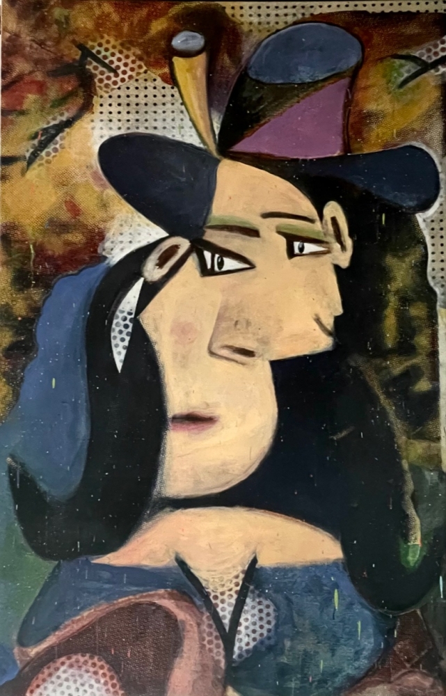 Bruce Helander, Two Faces Have 1, 2020, Acrylic with Embellishments on Canvas with Printed Background, 78 x 50 inches, bruce helander art for sale
