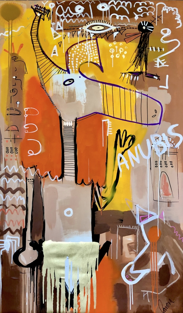 Anubis, 2020, Acrylic, Crayon &amp;amp; Gold Leaf on canvas