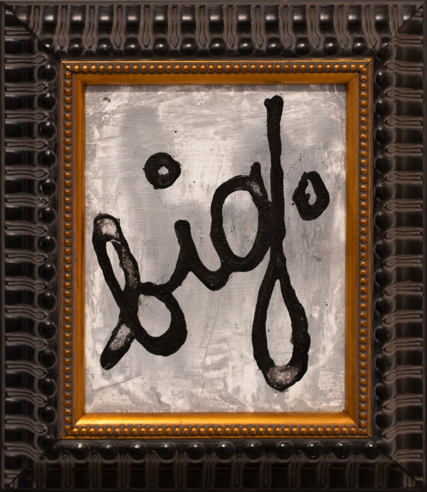 Maite Nobo, big. (Grey), 2021, Mixed media on wood in vintage frame, 10 x 8 inches