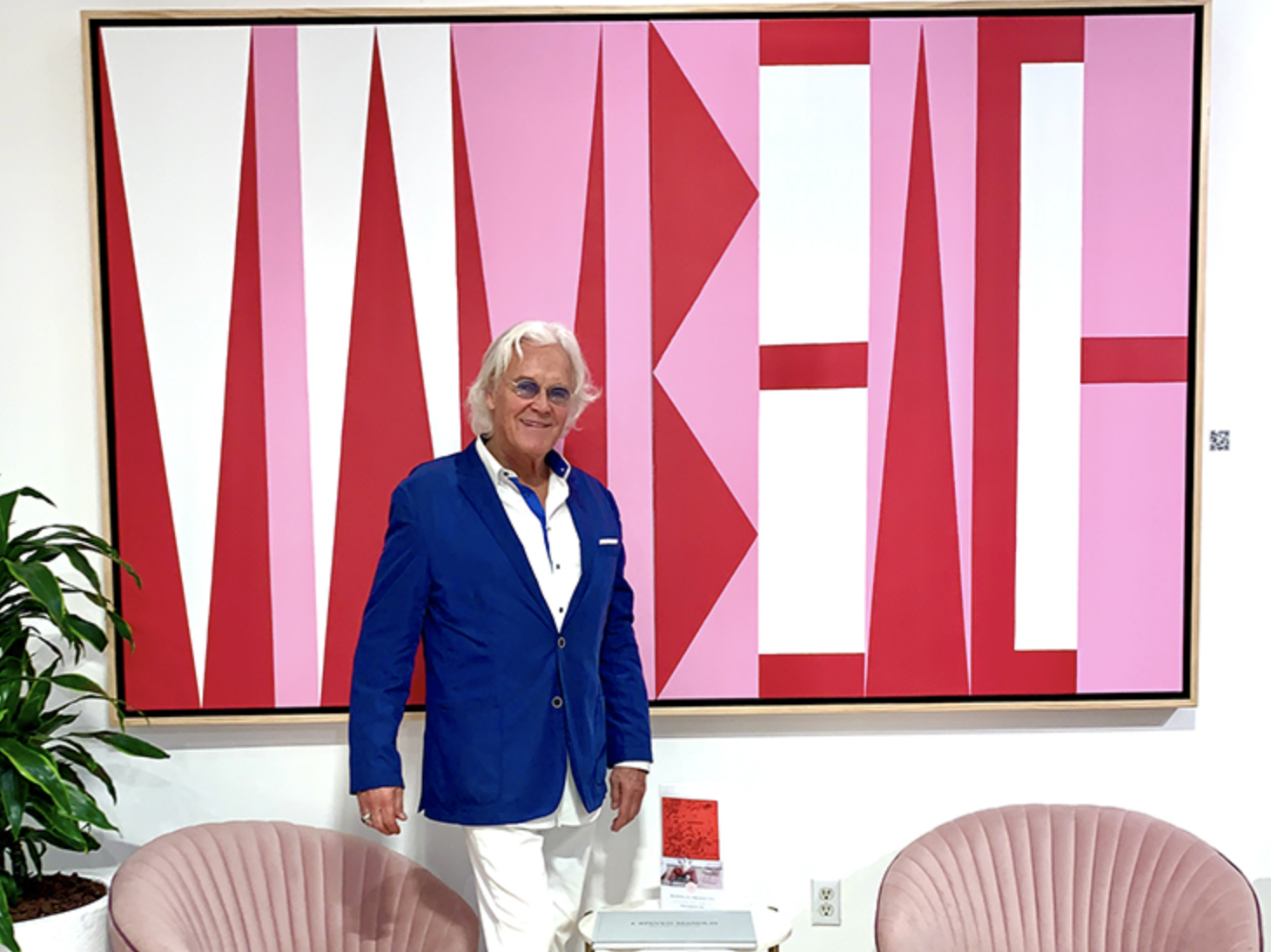 Artist Ron Burkhardt at the Sagamore Hotel with his LetterScape painting, Miami Beach.
