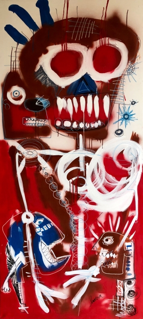 Fernanda Lavera, Danger Day, 2020, 39 x 87 inches, Acrylic, Oil, Crayon and Marker on canvas, Graffiti and Street Art for Sale at Manolis Projects Art Gallery