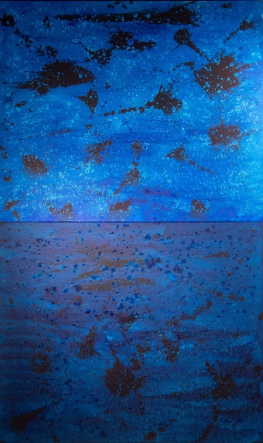 J. Steven Manolis’s Extra large blue abstract wall art painting, “Splash 72.120.02,” 2020, acrylic on canvas, 72 x 120 inches, abstract expressionism art for sale at Manolis projects Miami, Fl