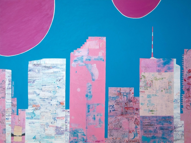 Ron Burkhardt, NOTISM:CITYSCAPES- "Miami Blues" 2006. Acrylics, Pen & Ink on Paper Collaged on Canvas. 36 x 48"
