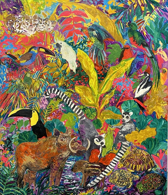 Hunt Slonem, Lemurs, 1986, Oil painting on canvas, 84 x 72 inches, Large scale painting, Hunt Slonem art for sale