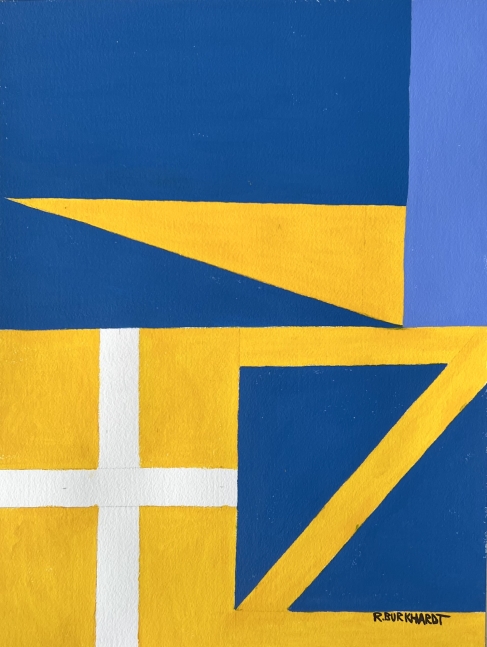 Ron Burkhardt’s blue and yellow abstract painting “Ritz” letterscape, 2022, Acrylic on paper, 16 x 12 inches, on display and available at the Ritz Carlton Miami Beach