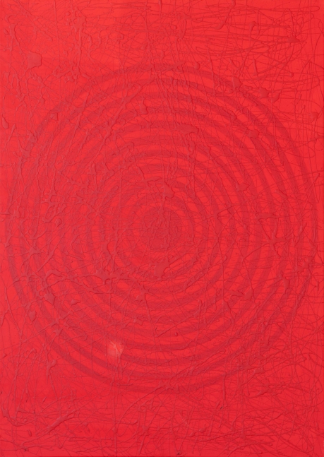J. Steven Manolis, Red on Red Concentric, 2022, Acrylic and Latex enamel on canvas, 40 x 30 inches