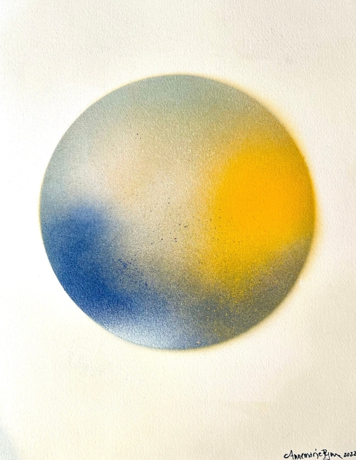 Annemarie Ryan’s Blue & Yellow Abstract painting for the Ritz Carlton, South Beach, "Sun-Water-Sky 1," 2022, Watercolor & Vitreous Acrylic on paper, 16 x 12 inches,