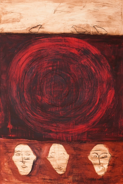 Connie Lloveras, Three Birds, Red Circle and Face Silhouettes, 2022, Mixed media on canvas, 72 x 48 inches