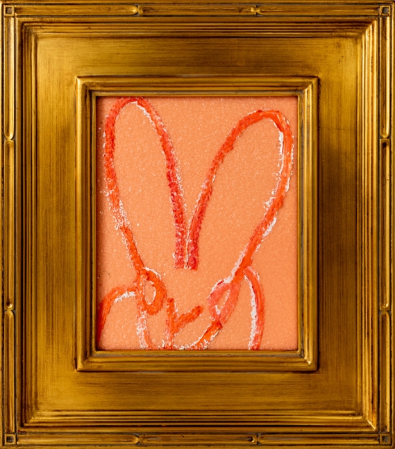 Orange Hunt Slonem bunny painting “Georgia,” 2021, Oil, Diamond dust and Resin on wood, 10 x 8 inches, in antique frame, Hunt Slonem Bunnies for sale at Manolis Projects Gallery