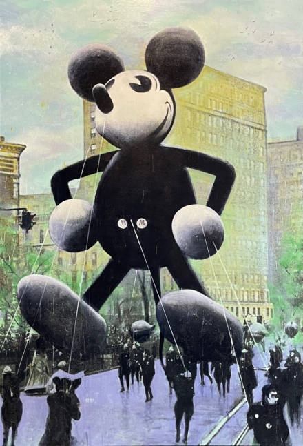 Bruce Helander, Macy's Mickey Mouse, ca. 1934 (Purple & Green), 2019, Acrylic on Canvas with Embellishments, Glitter and Spray Paint, 79 x 54 inches, bruce helander art for sale