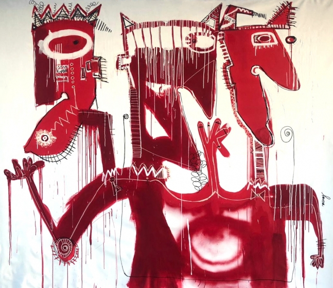 Fernanda Lavera, El diablito de tres Cabezas, 2017, Oil and Acrylic on canvas, 79 x 102 inches, Graffiti and Street Art for Sale at Manolis Projects Art Gallery