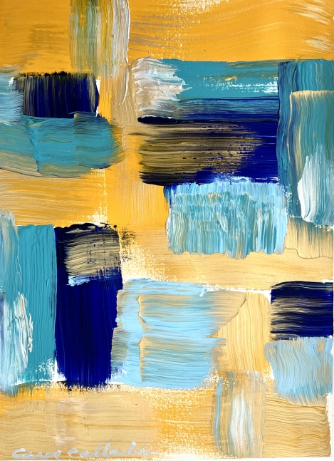Carol Calicchio’s Blue and Yellow Abstract Painting for the Ritz Carlton South Beach, Days into Night, 2022, Oil painting on paper, 16 x 12 inches, for sale at Manolis Projects